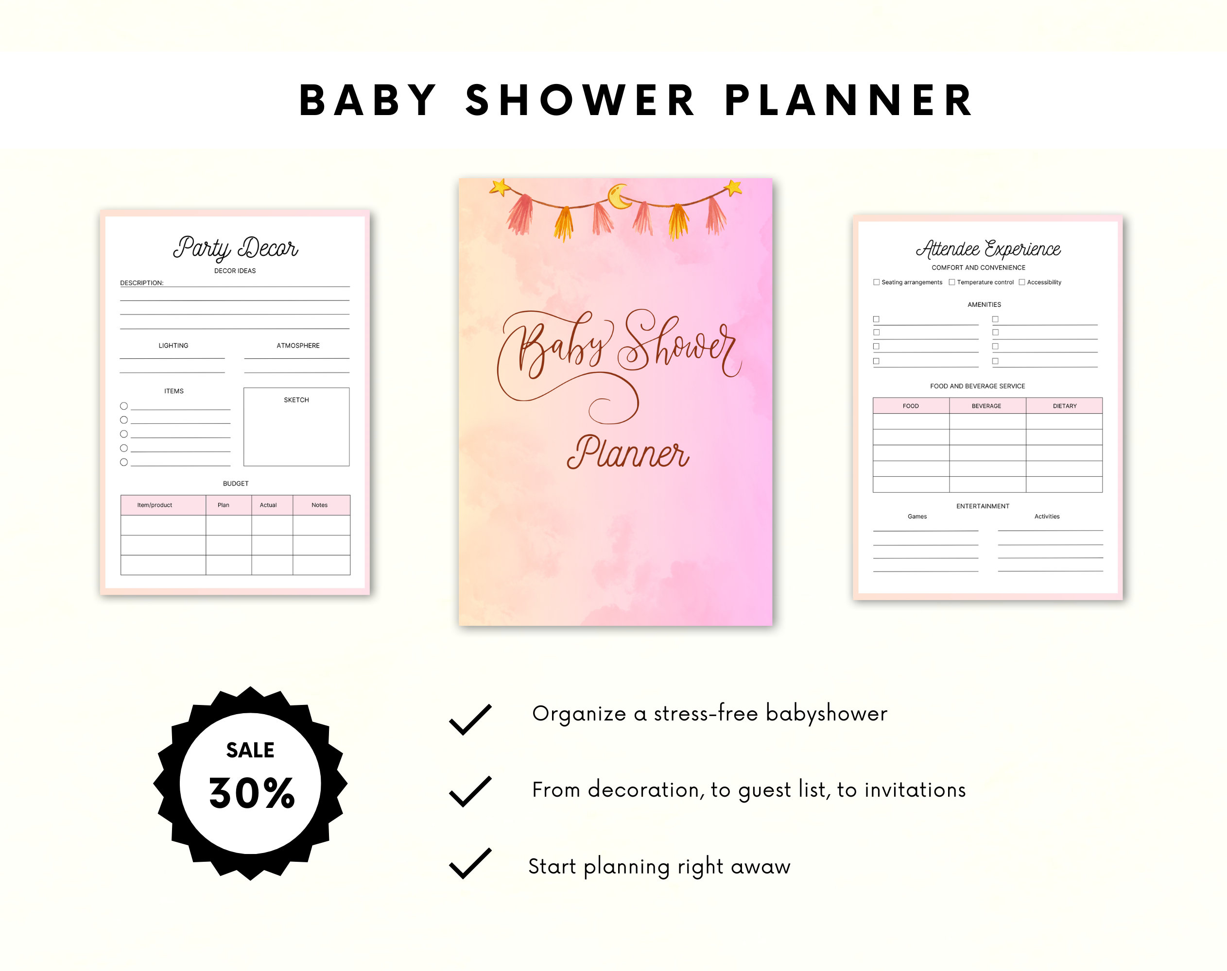 Baby Shower Planner – 30+ planning pages – Printable Baby Shower PDF – Baby shower checklist – event party planner – babyshower planner