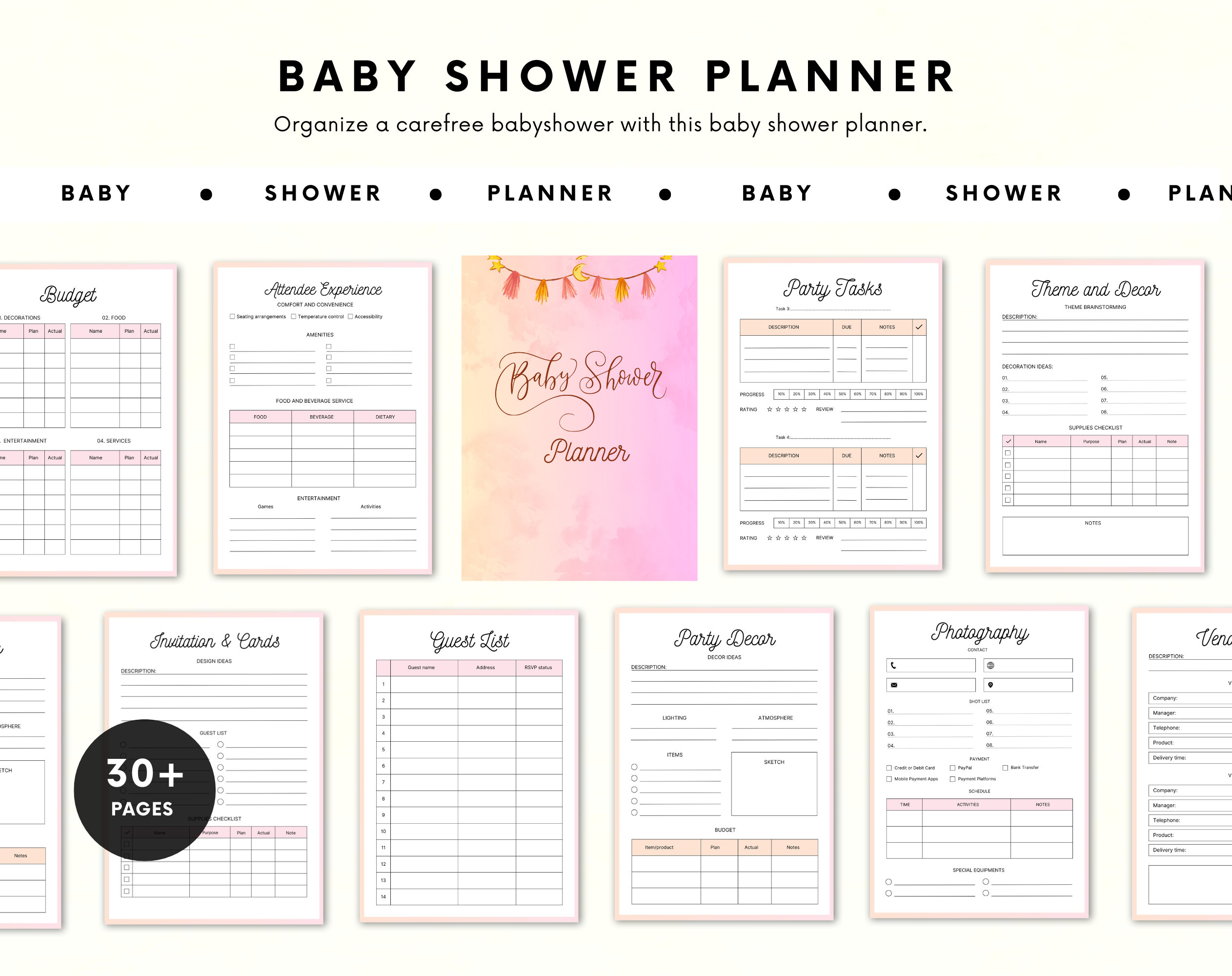 Baby Shower Planner – 30+ planning pages – Printable Baby Shower PDF – Baby shower checklist – event party planner – babyshower planner